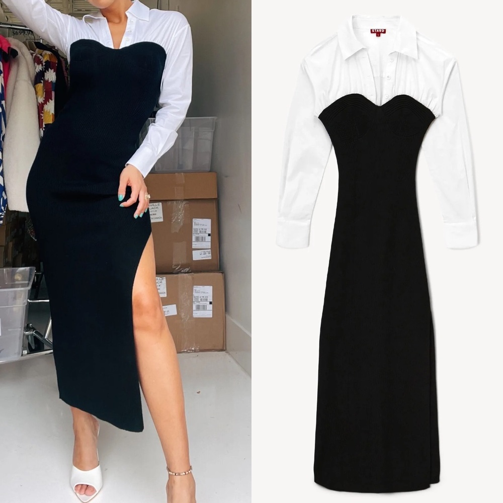 ❌SOLD❌STAUD hazel poplin knit combo corset detail midi dress FINAL PRICE - Picture 4 of 9